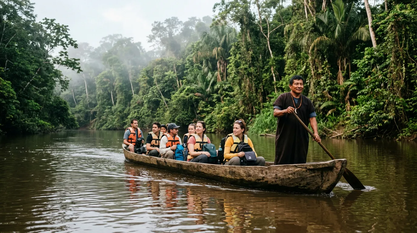 Una canoa con viajeros deslizándose por un río amazónico entre la neblina.