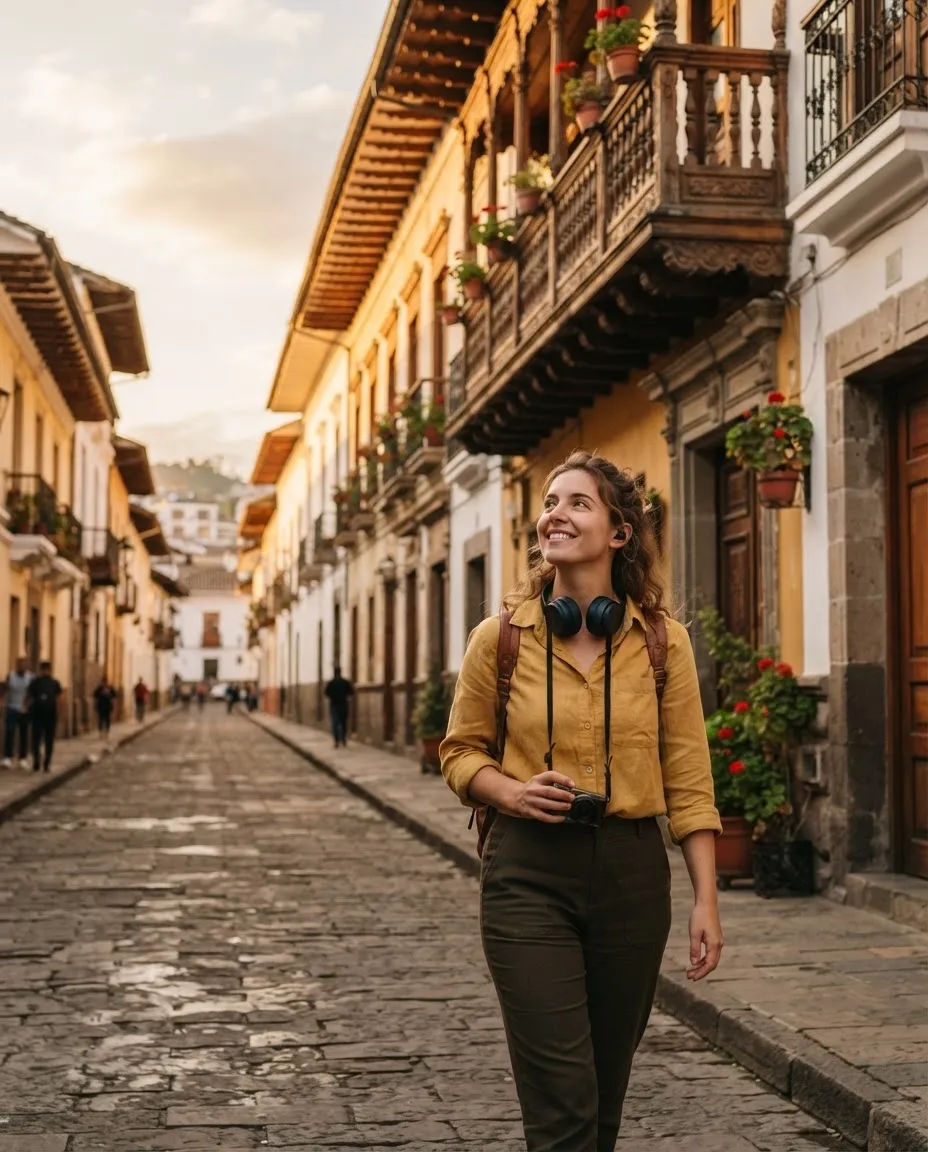 Una mujer que viaja sola, con audífonos, recorre una calle colonial de Quito en la hora dorada mirando hacia los balcones