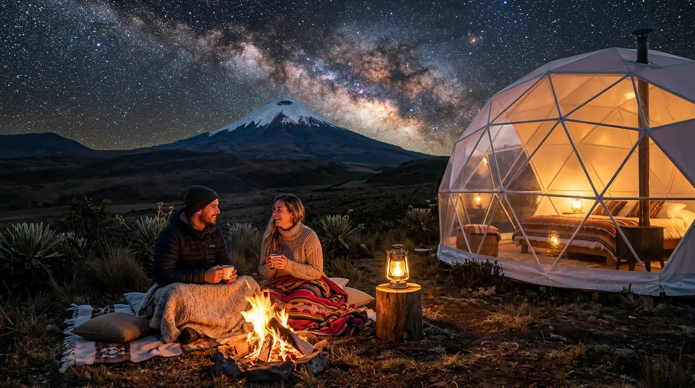 Una pareja junto a una fogata frente a un domo de glamping iluminado en el páramo, con la Vía Láctea y un volcán nevado detrás