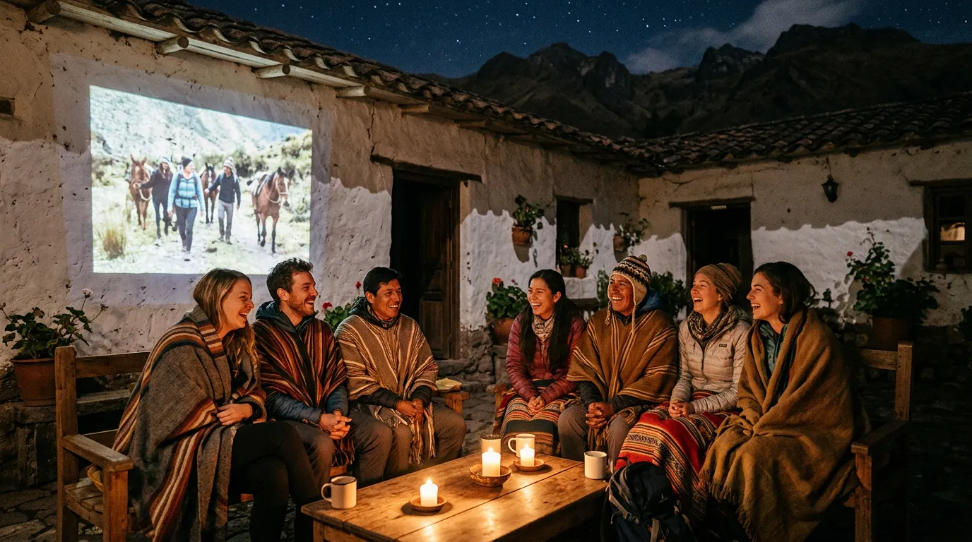 Un grupo de amigos y su guía, envueltos en cobijas, miran de noche la película de su viaje proyectada en la pared de una hacienda