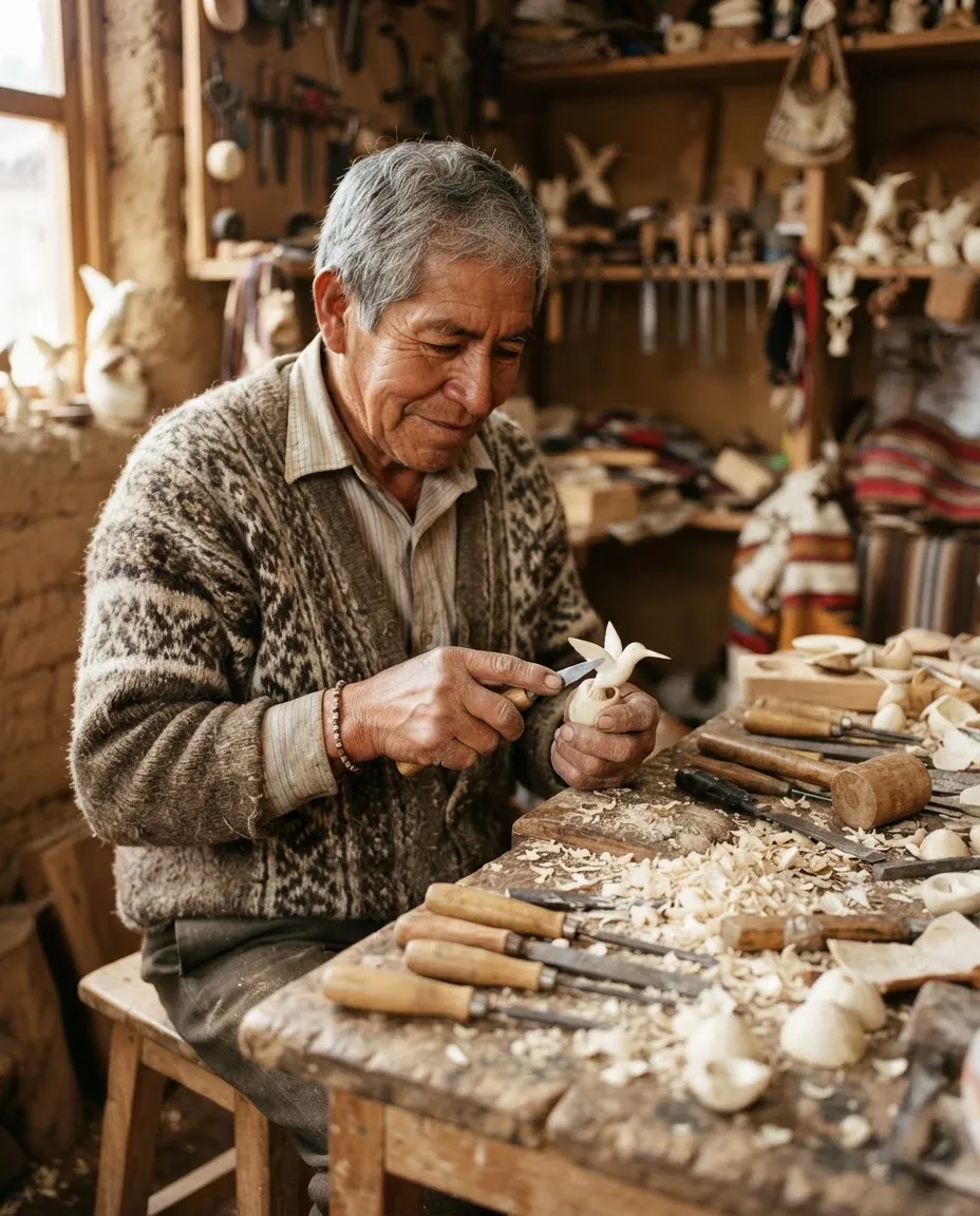 Un artesano mayor tallando pequeñas figuras de tagua en su mesa de trabajo.