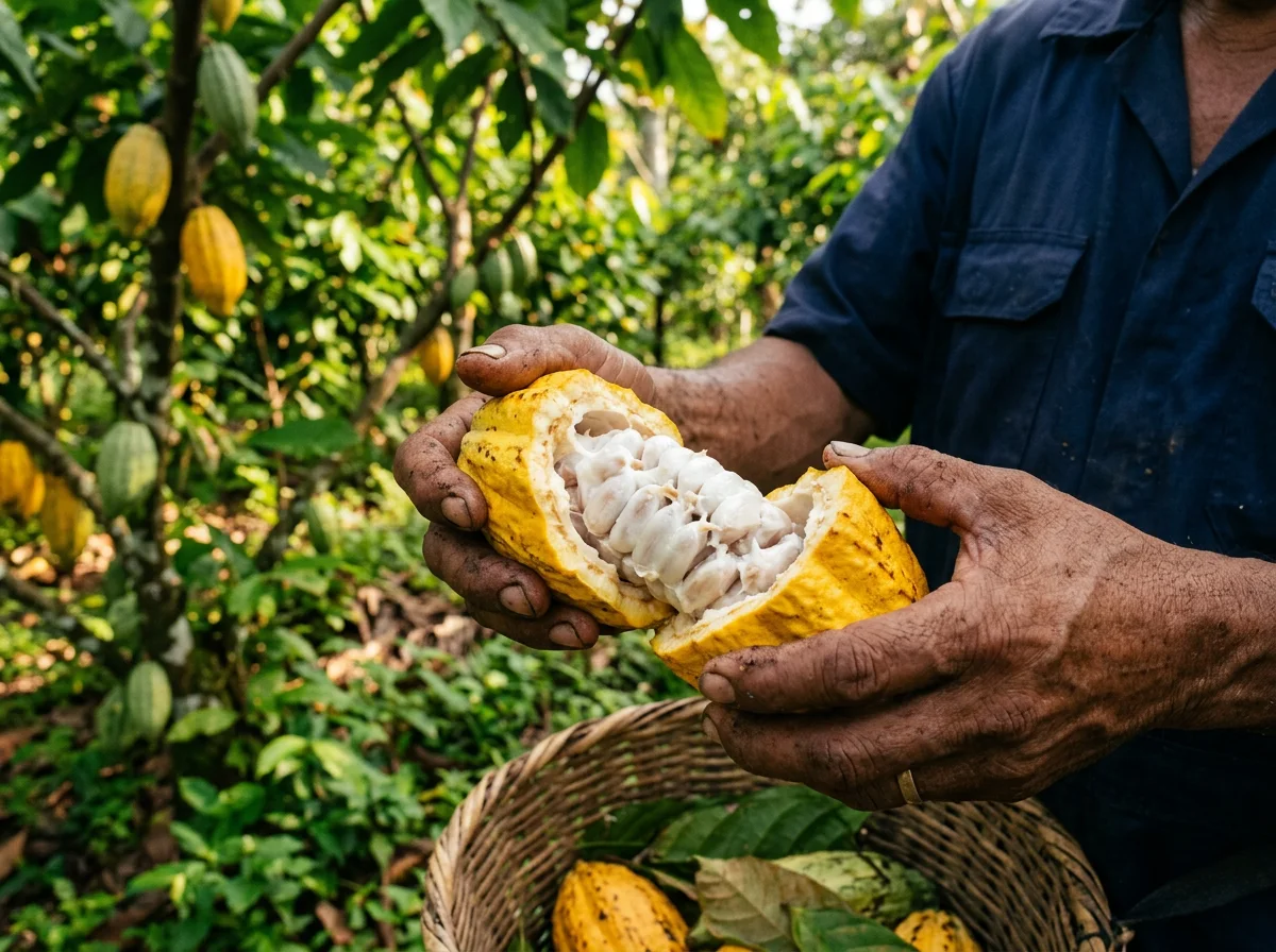 Ripe cacao pods on the tree