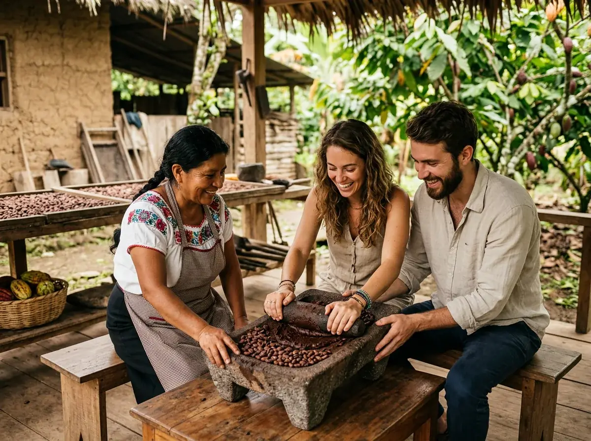 Illustrative photo: travellers grinding roasted cacao on a stone with a farmer