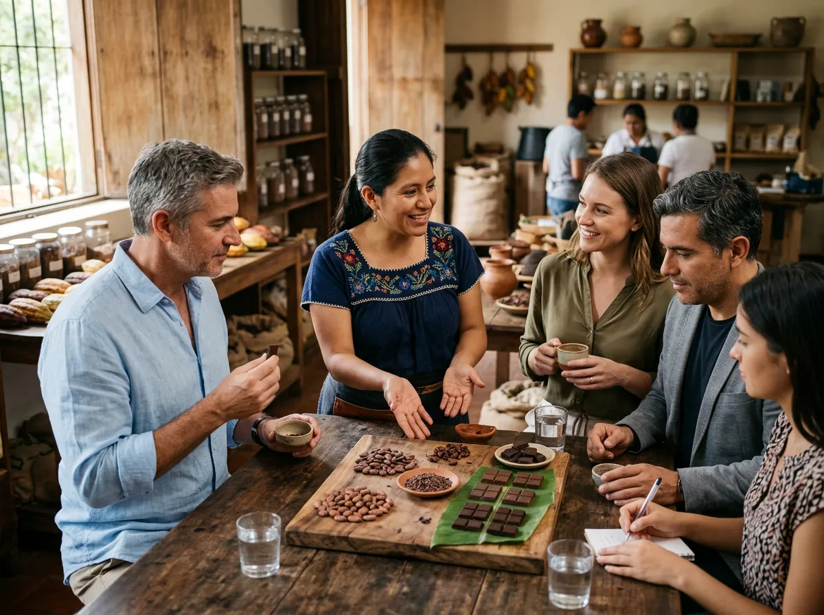 Illustrative photo: visitors taste cacao and chocolate around a wooden table in a rustic tasting room