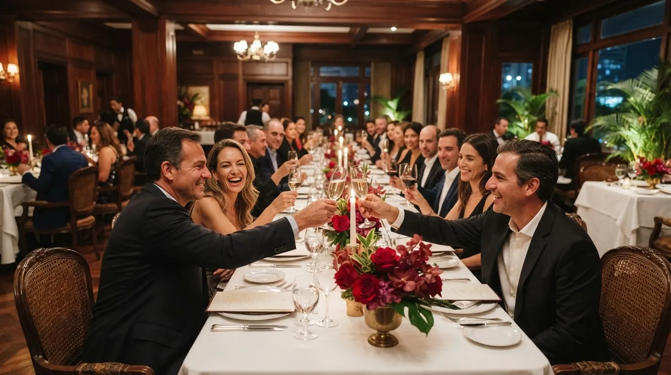 Una cena de delegación en una mesa larga a la luz de las velas en un club privado