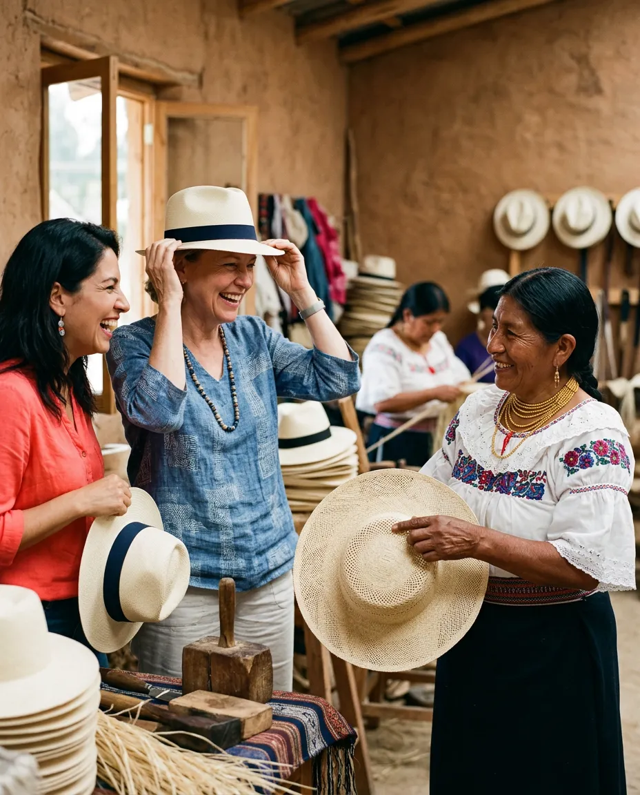 Acompañantes de los delegados probándose finos sombreros de paja toquilla en un taller de tejido