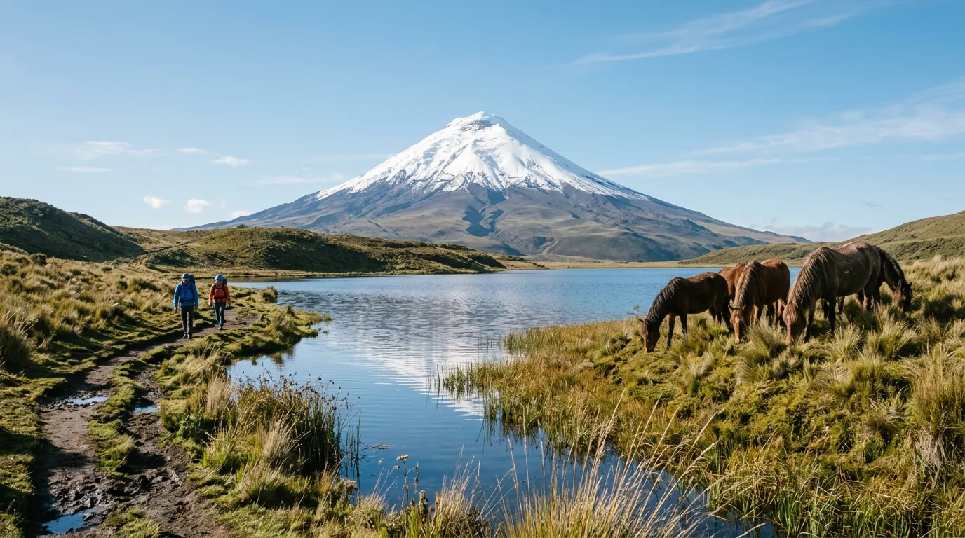 The snow-capped cone of Cotopaxi above the páramo