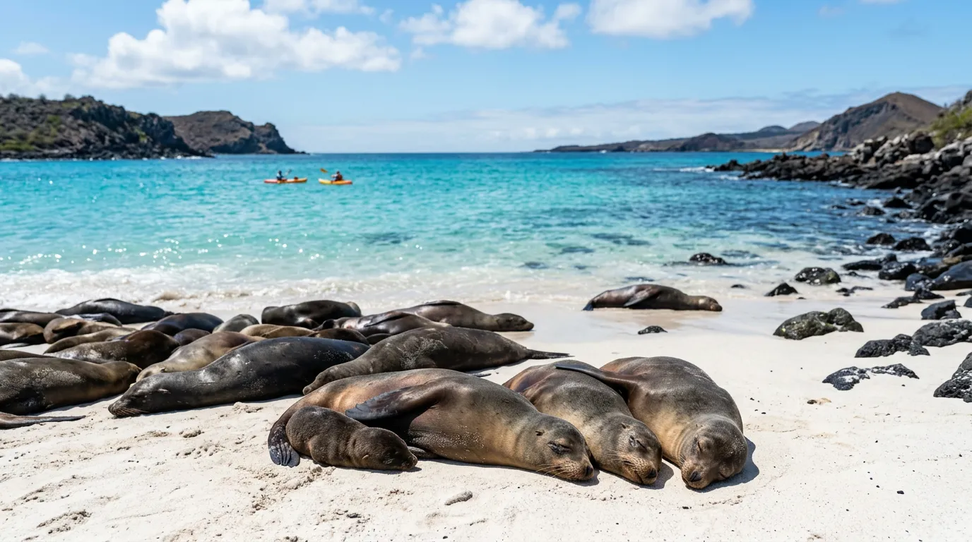 Sea lions resting on a beach in the Galápagos
