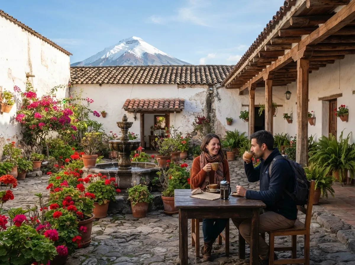 The whitewashed courtyard of a historic Andean hacienda with red tile roofs, a fountain and geraniums, the volcano beyond the wall