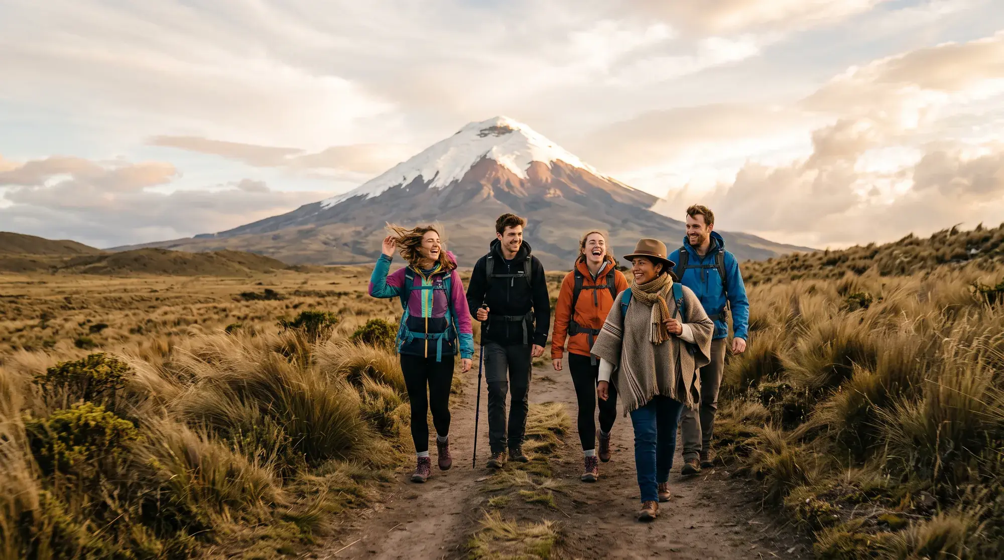 Un grupo pequeño caminando por el páramo hacia el cono nevado del Cotopaxi.