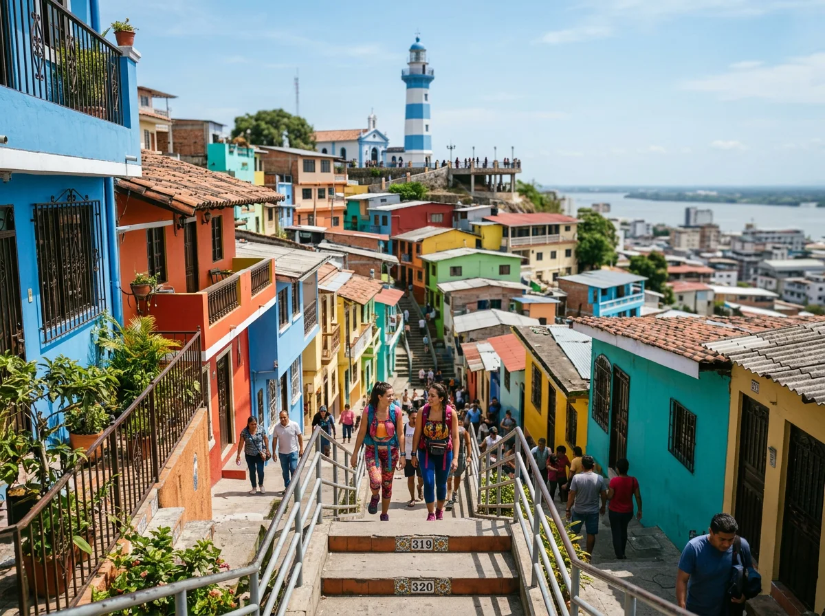 La colorida escalinata de Las Peñas que sube por el cerro Santa Ana hacia el faro, con el río detrás.