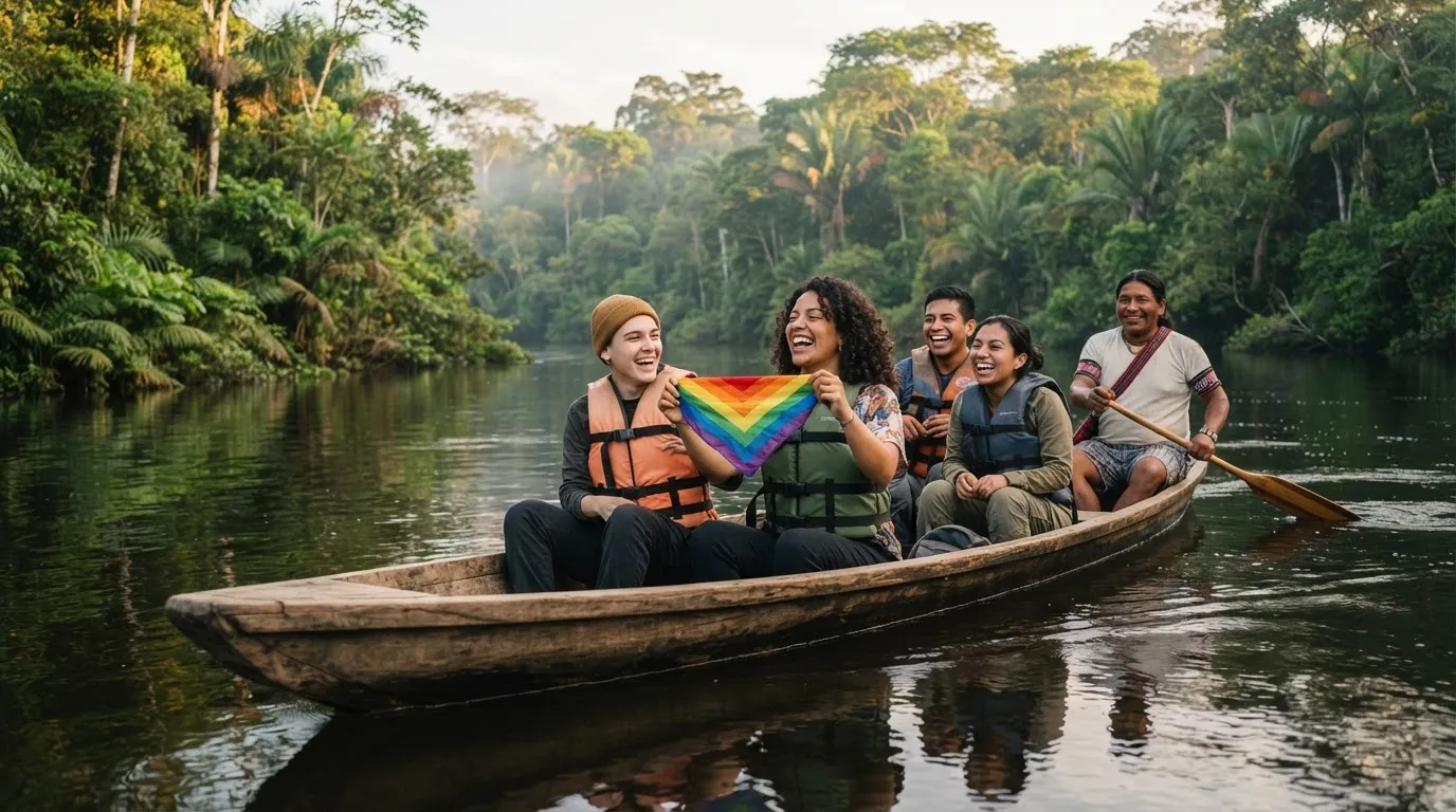 Friends in life jackets laughing in a wooden canoe on a misty Amazon river, one holding up a small rainbow flag, a local guide paddling