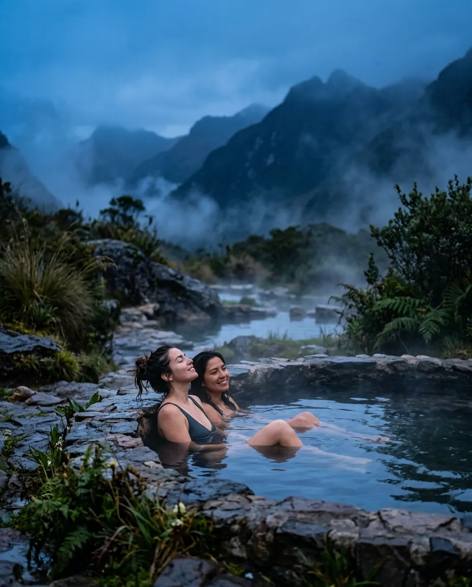 Two women relaxing in a steaming rock pool among misty Andean mountains