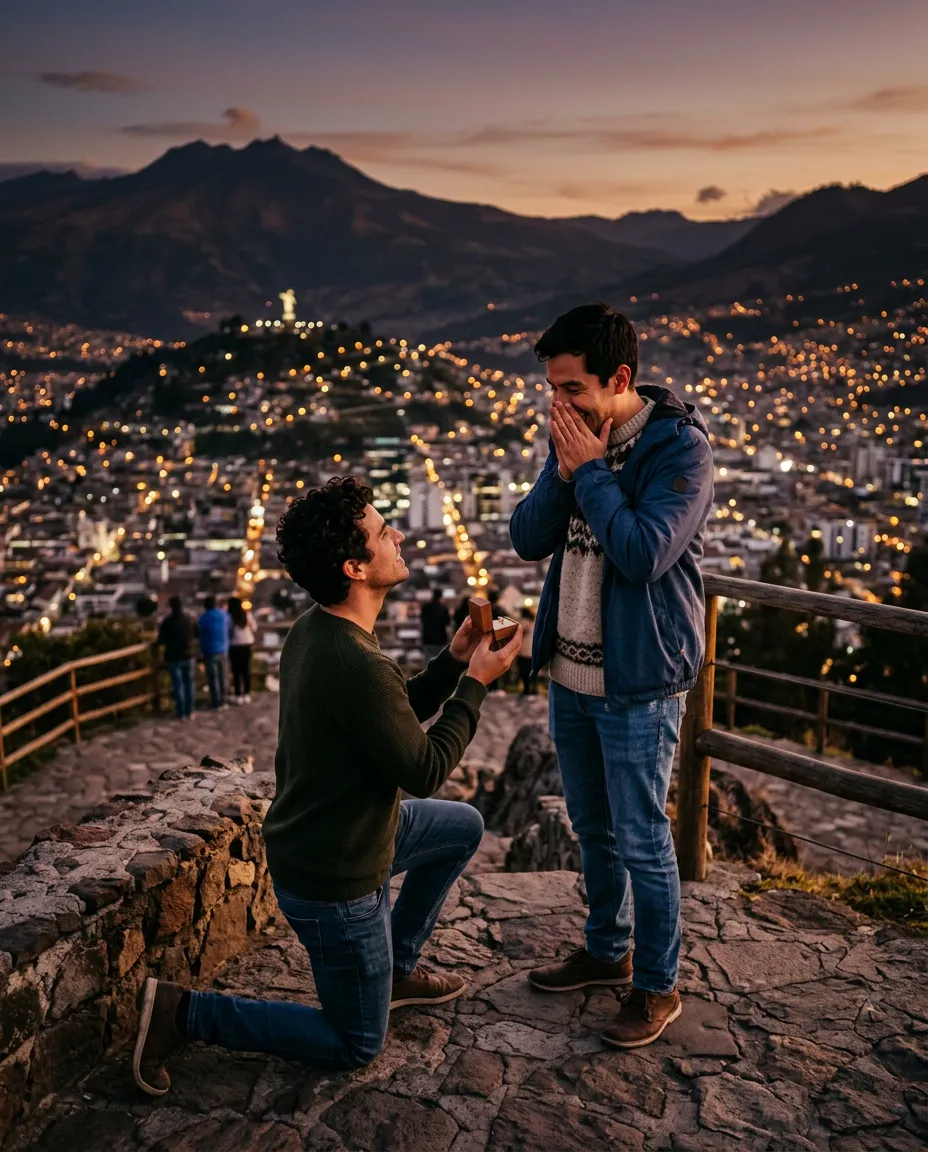 A man on one knee proposing to his boyfriend at a stone lookout above Quito at dusk, the city lights coming on behind them