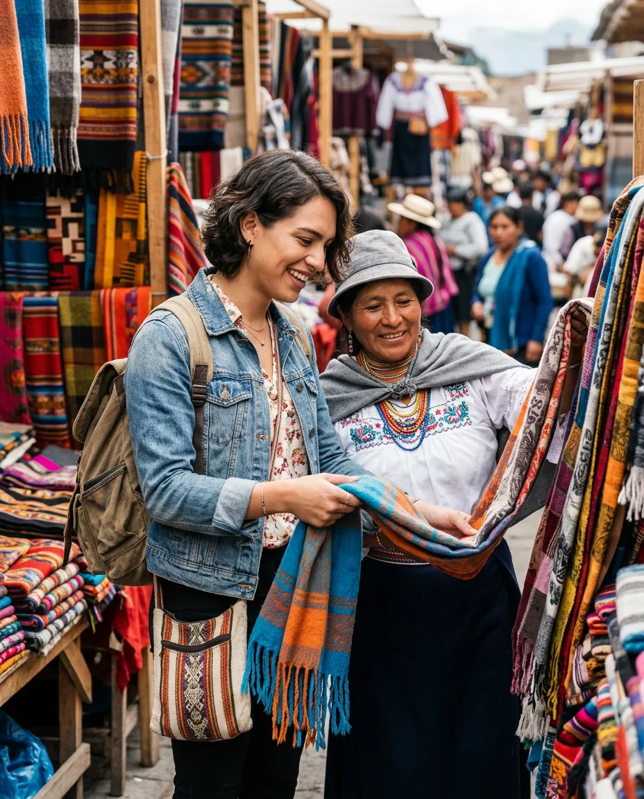 A smiling traveller with a backpack choosing a striped woven scarf with a Kichwa vendor at Otavalo market