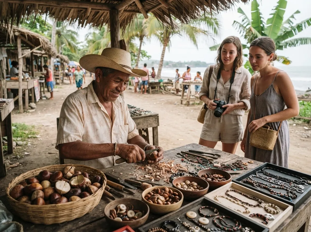 Un artesano de la costa tallando joyas en tagua mientras los visitantes miran.