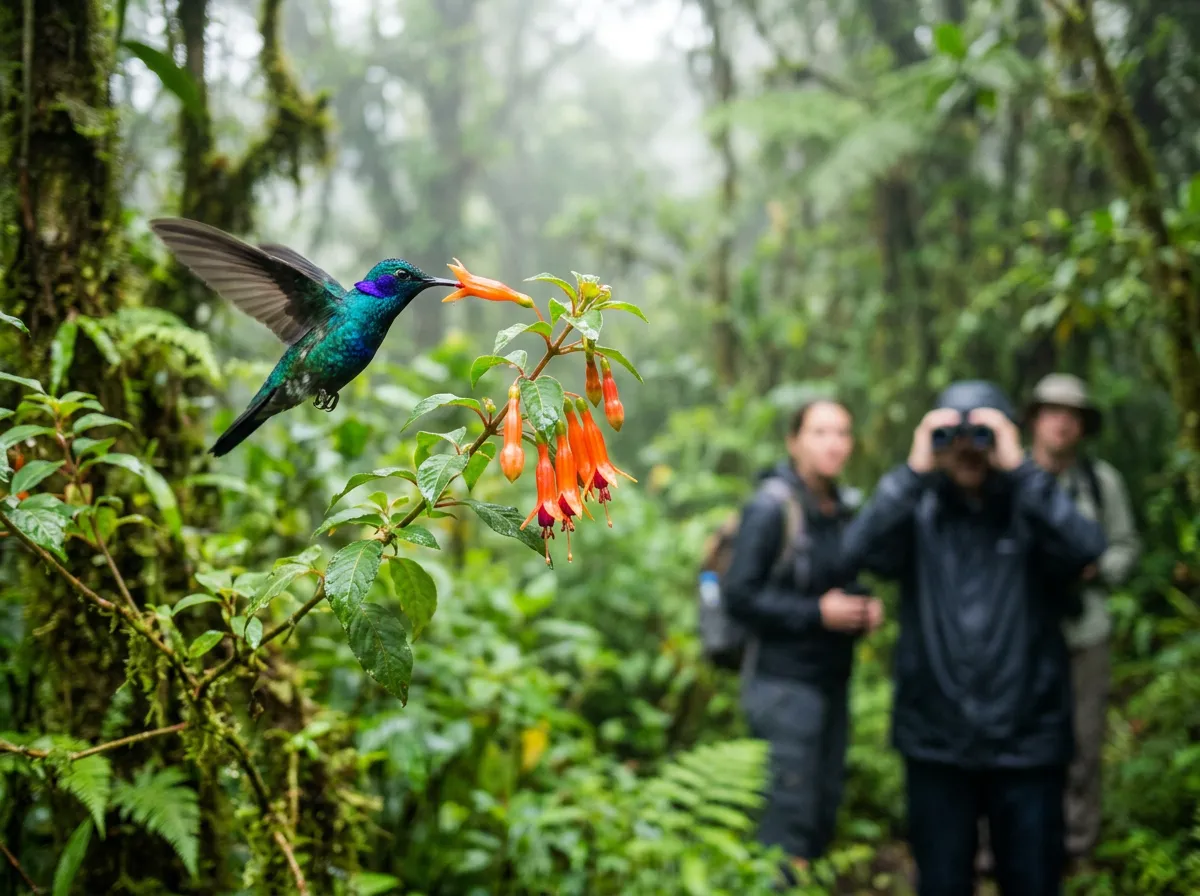 A hummingbird hovering by orange flowers in the misty cloud forest, travellers with cameras behind