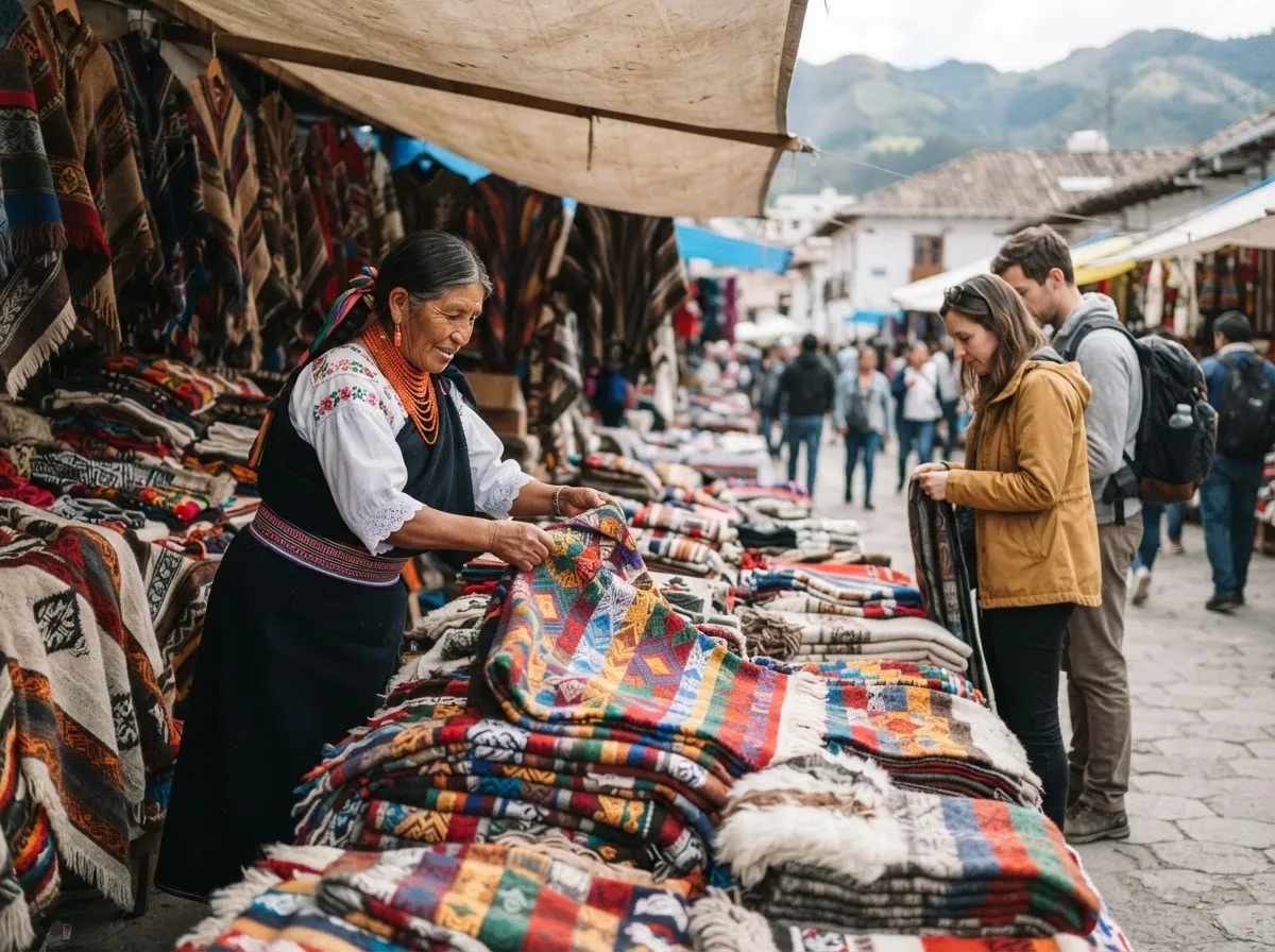 A Kichwa vendor arranging colourful woven textiles at Otavalo market while a traveller looks on