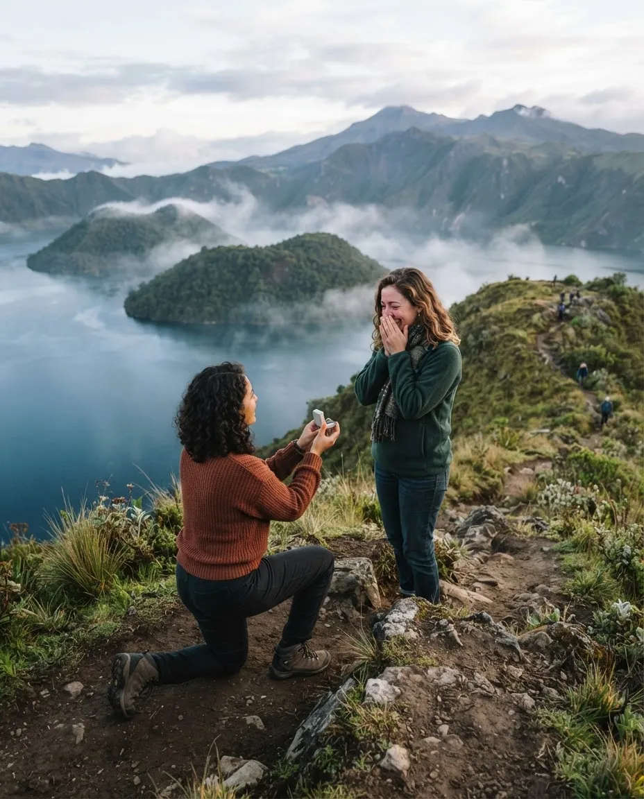 A woman kneeling to propose to her girlfriend on the green rim of Cuicocha crater lake, morning mist