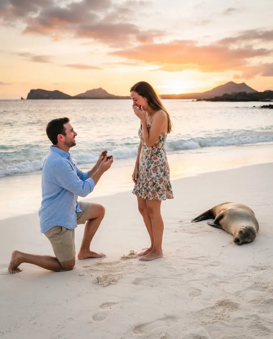 A man on one knee proposing on a white Galápagos beach at sunset, a sea lion dozing nearby