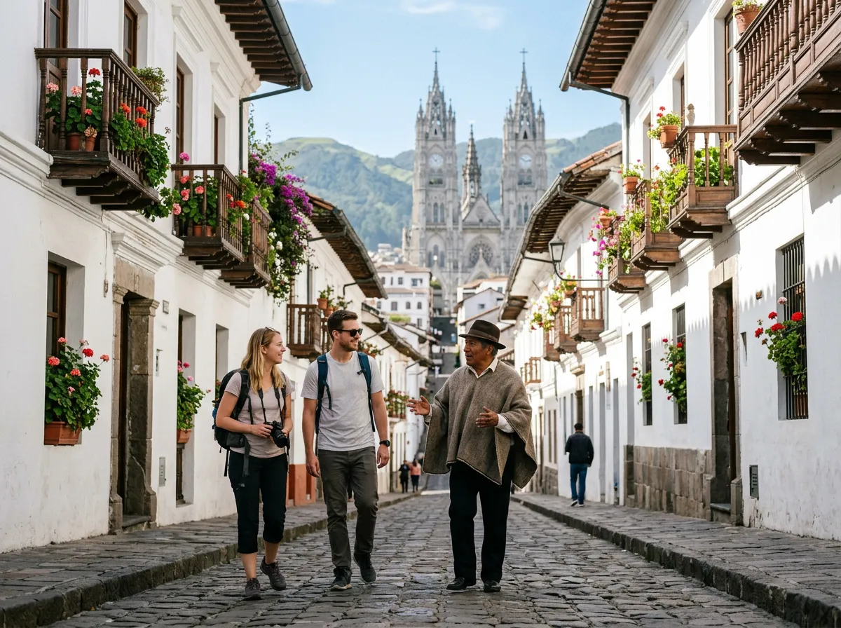 Colonial streets and church towers in Quito's historic centre