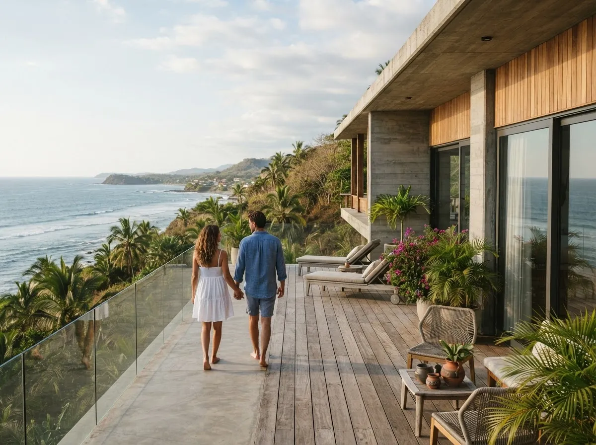 Una pareja camina de la mano por la terraza de madera de una casa moderna en una ladera sobre el mar, cerca de Olón, con palmeras y la costa al fondo.
