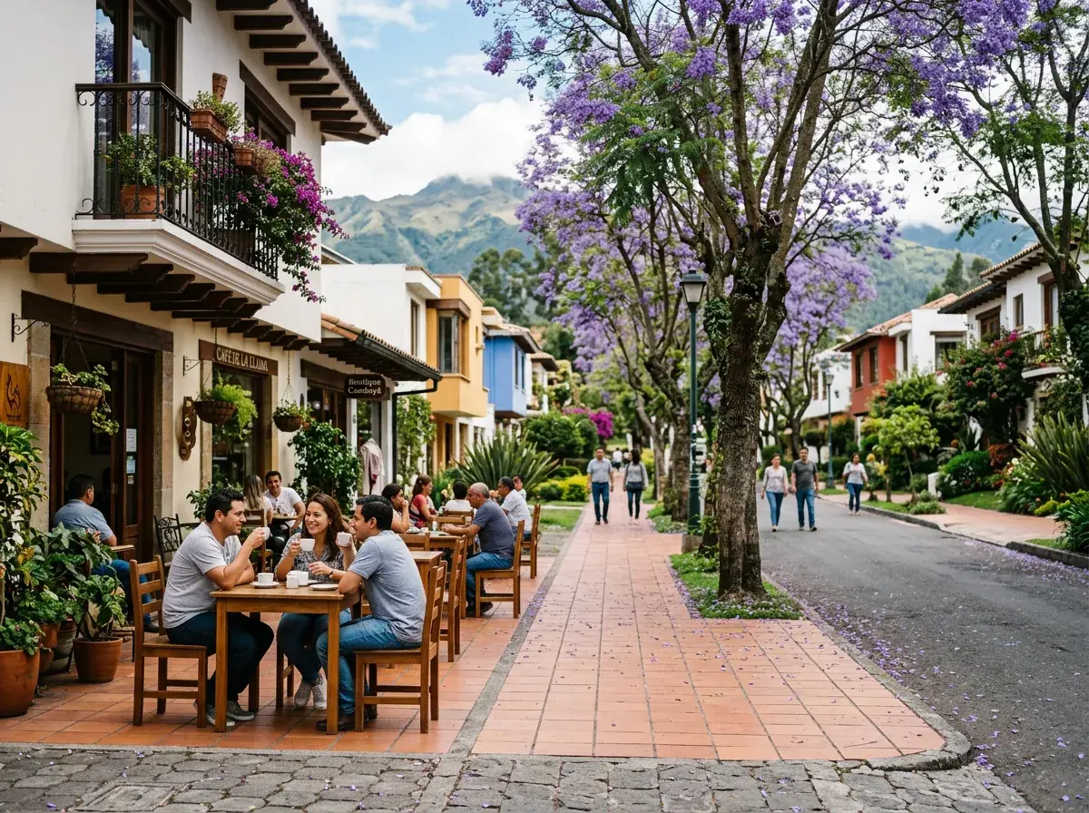 Una calle llena de cafés en Cumbayá bajo un jacarandá morado en flor, gente en mesas al aire libre y cerros verdes al fondo.