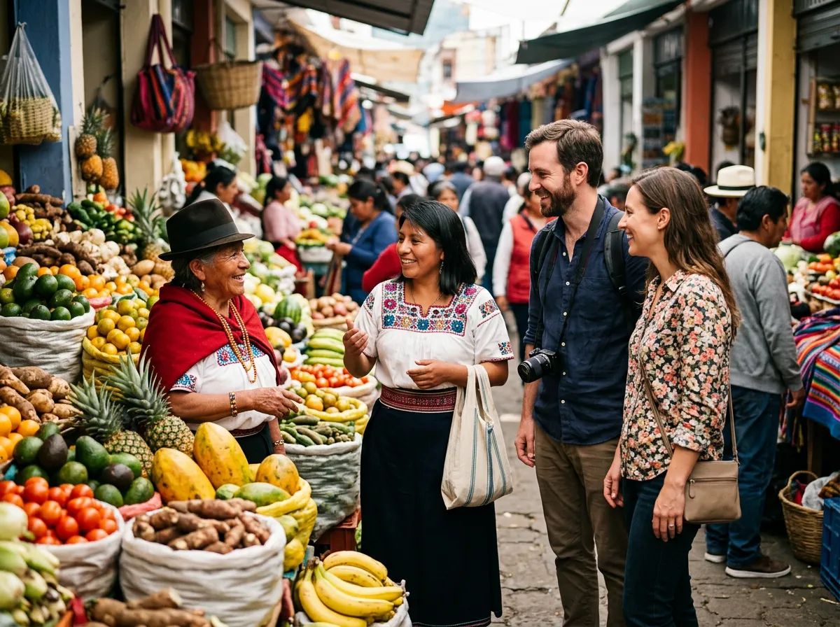 En un mercado de Cuenca, una pareja conversa con una vendedora de blusa bordada junto a puestos llenos de guineos, papayas y piñas.