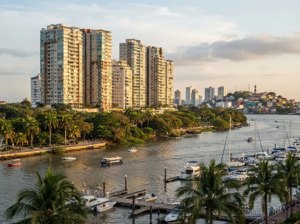 Torres residenciales y riberas verdes en Samborondón con la luz dorada de la tarde, botes amarrados en una marina junto al río y los cerros de Guayaquil a lo lejos.