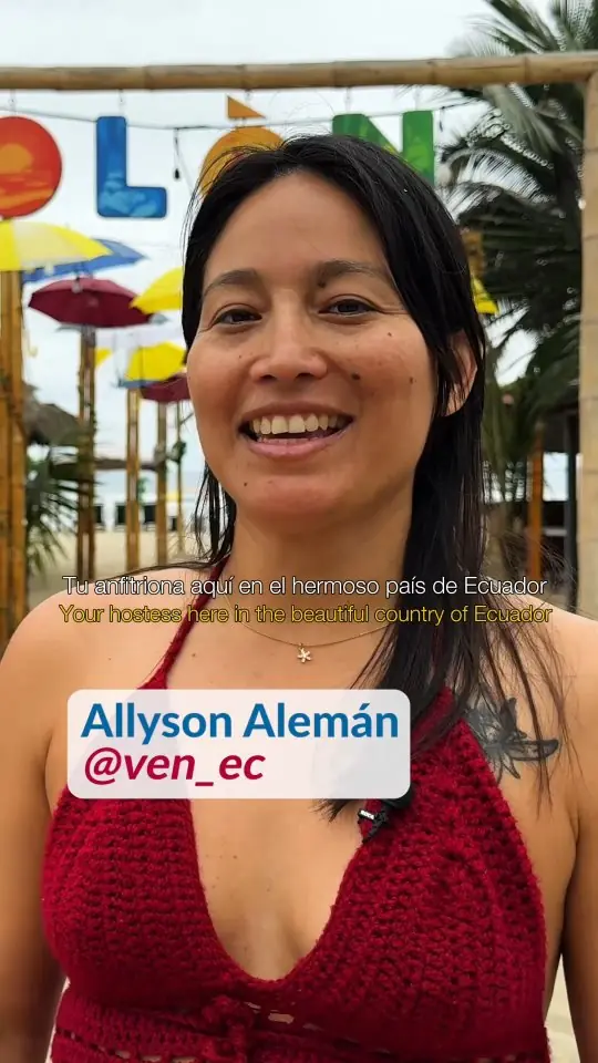 Cover of her reel at Olón beach: Allyson smiling under the beach sign, labelled Allyson Alemán @ven_ec