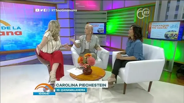 TV studio: the RTS morning news hosts with Allyson and Carolina Piechestein on a white sofa