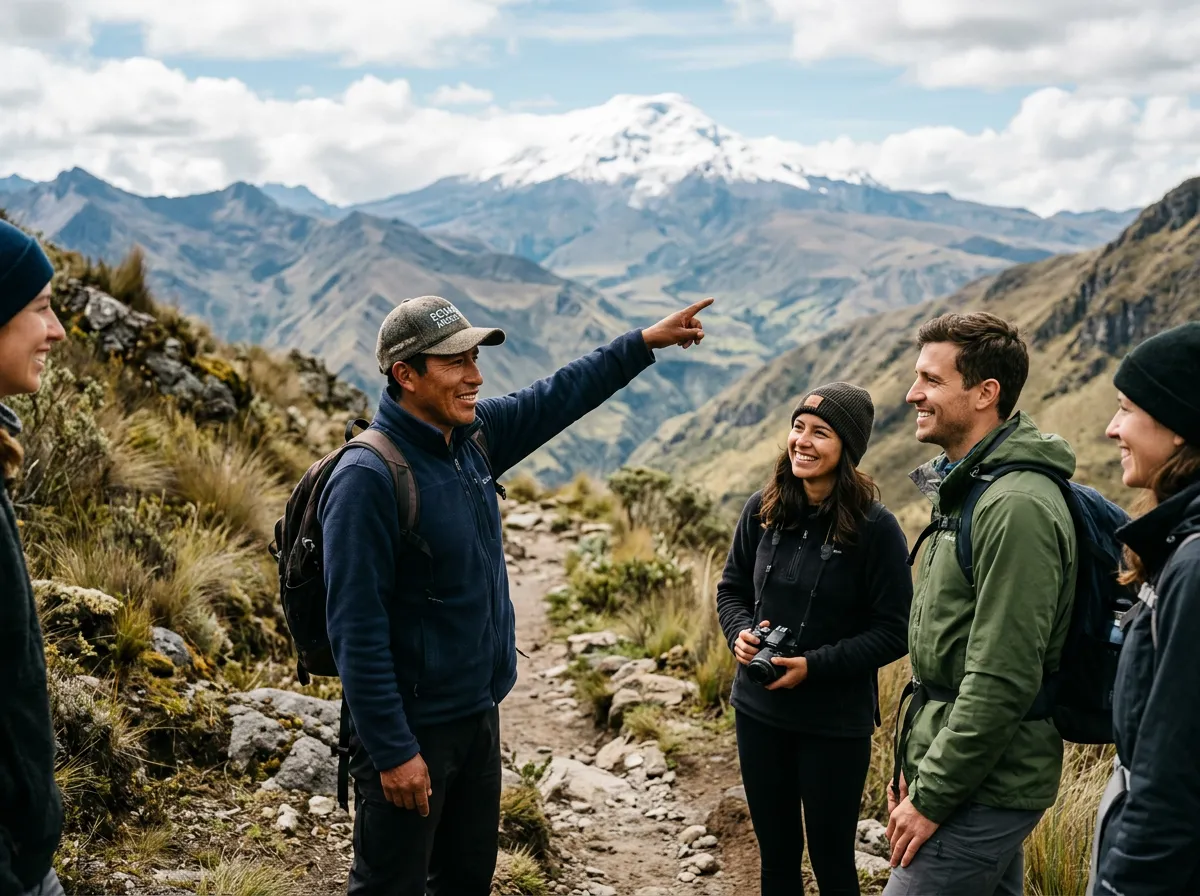 A mountain guide points out a volcano to a small group