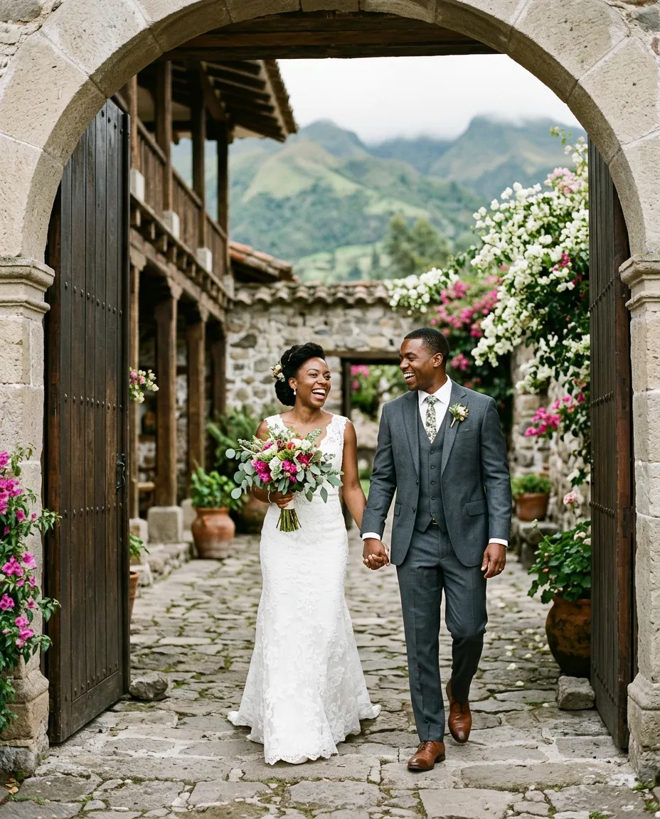A bride and groom walk out of the arched stone courtyard of a highland hacienda, laughing