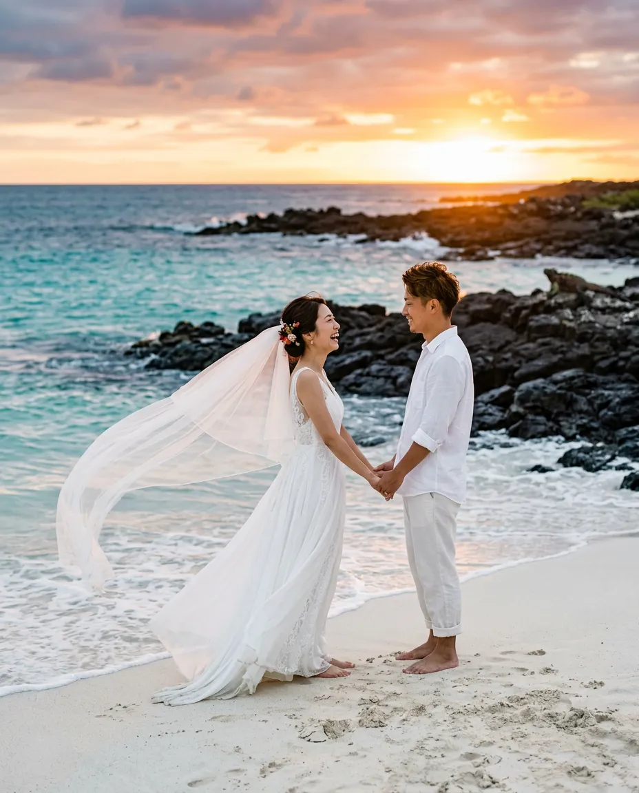 A couple barefoot at sunset on a white Galápagos beach, the bride's veil in the wind