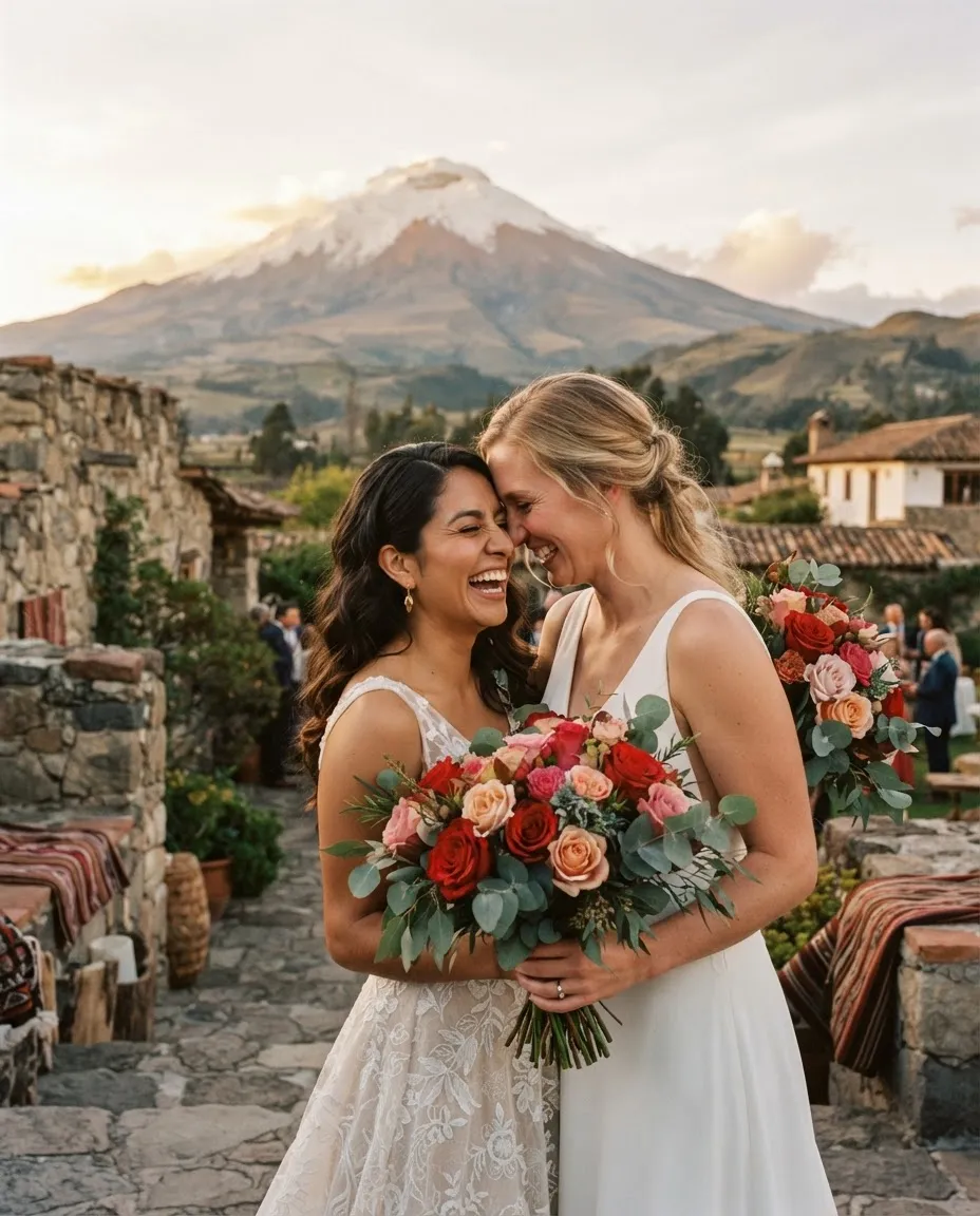 Two brides laughing with their foreheads together on a hacienda terrace below Cotopaxi, holding roses