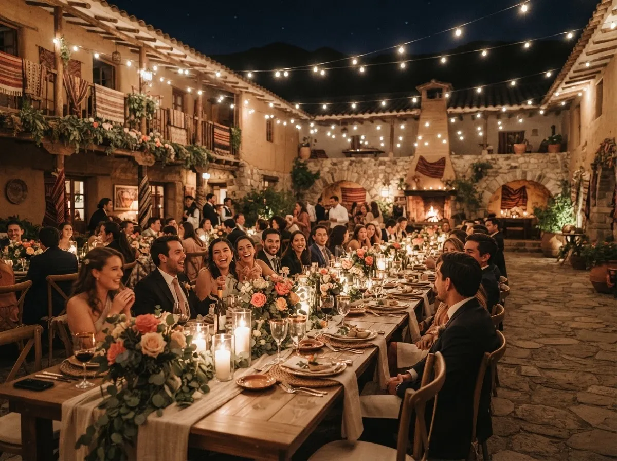 A long candlelit reception table in a hacienda courtyard at night, coral and cream roses, linen, glassware and string lights
