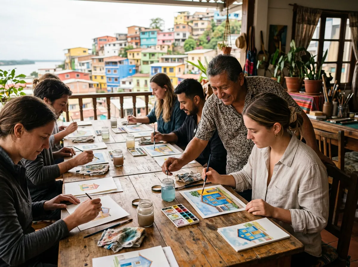 Illustrative photo: travellers paint watercolours at a long table above the colourful houses of Las Peñas