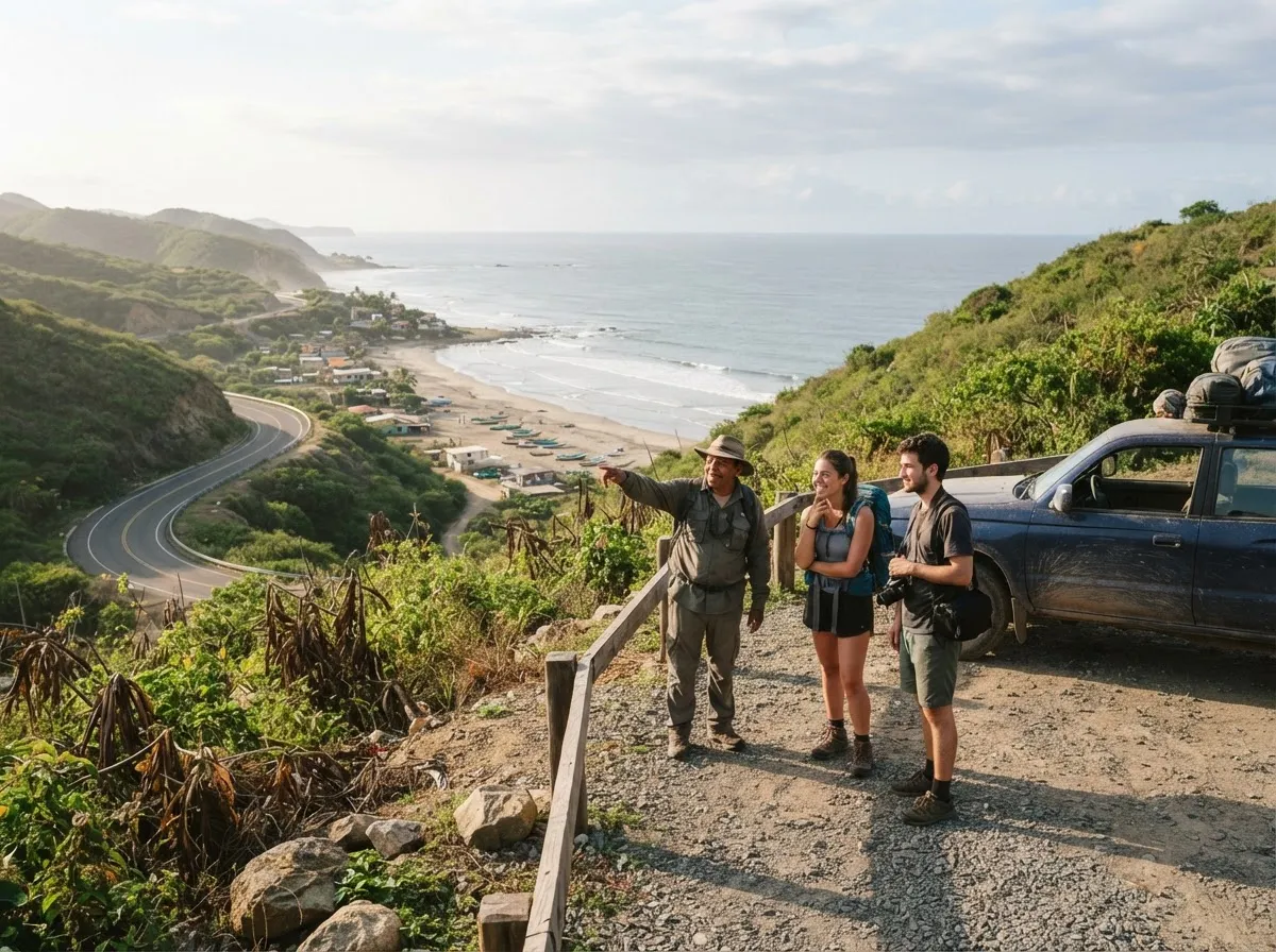 Illustrative photo: a small group with a car stops on a coastal road above a long Pacific beach