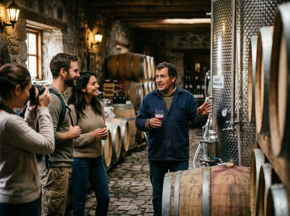 Travellers in a winery cellar among barrels with a winemaker