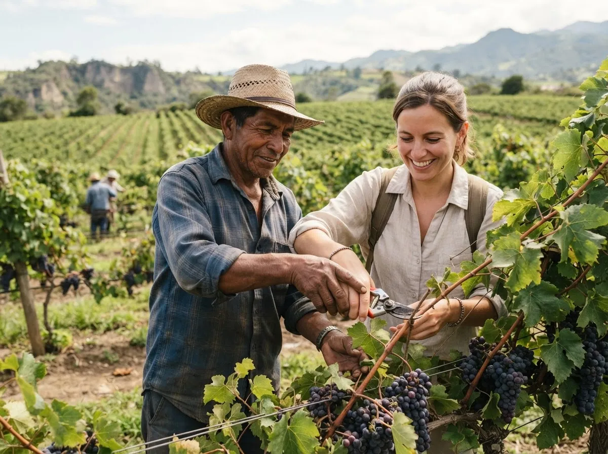 A grower showing a traveller how to prune a vine
